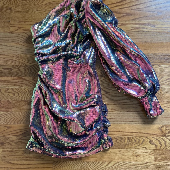 Alex Perry Iridescent Jackson One-Shoulder Balloon Sequin Dress Size UK - Picture 2 of 6